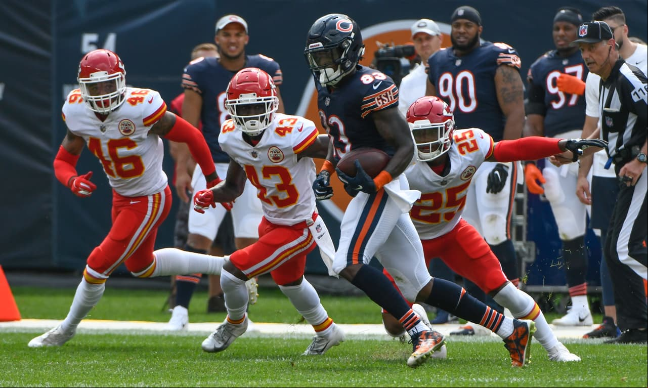 Chicago Bears' Javon Wims catches a  during the second half of a preseason NFL football game against the Kansas City Chiefs Saturday, Aug. 25, 2018, in Chicago. (AP Photo/Matt Marton)