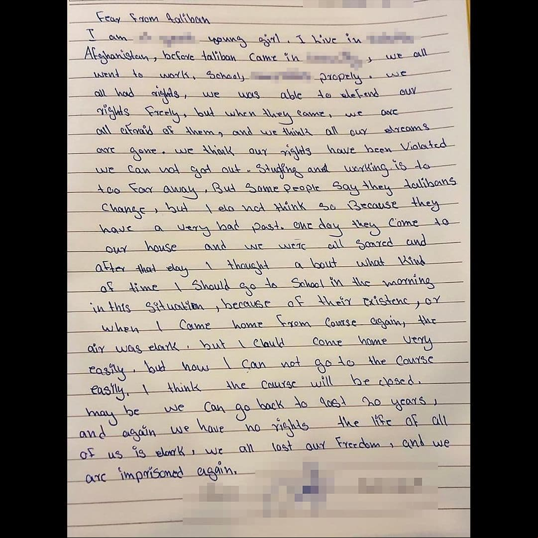 En esta carta se da una idea a sus seguidores, de cómo los problemas políticos actuales están afectando a las personas que ahora enfrentan el gobierno talibán.