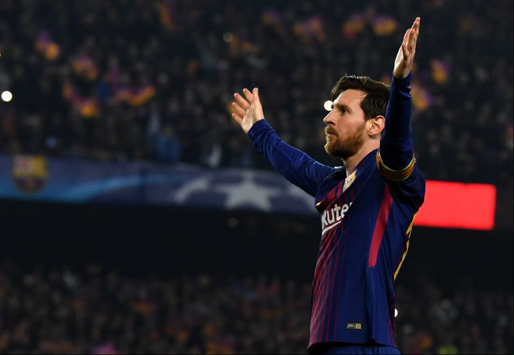BARCELONA, SPAIN - MARCH 14: Lionel Messi of Barcelona celebrates as he scores their third goal during the UEFA Champions League Round of 16 Second Leg match FC Barcelona and Chelsea FC at Camp Nou on March 14, 2018 in Barcelona, Spain. (Photo by David Ramos/Getty Images)