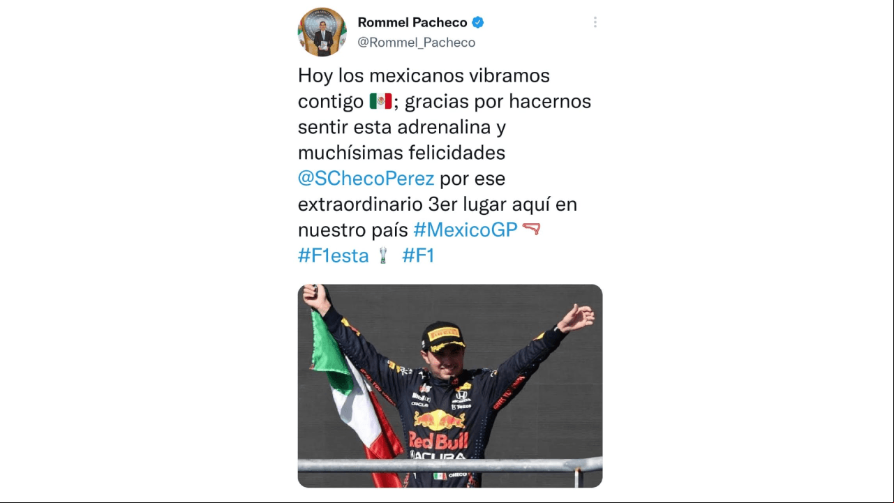 Las redes sociales se inundan de felicitaciones por el tercer lugar obtenido por el piloto mexicano Sergio Pérez, durante el Gran Premio de México de la Formula 1.