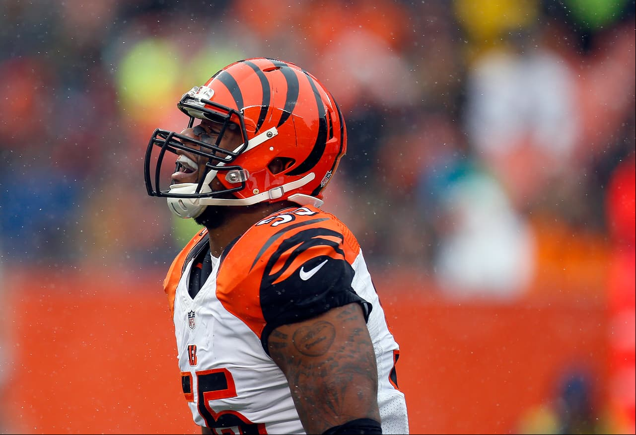 Vontaze Burfict #55 of the Cincinnati Bengals reacts after a defensive play against the Cleveland Browns at Cleveland Browns Stadium on December 11, 2016 in Cleveland, Ohio.