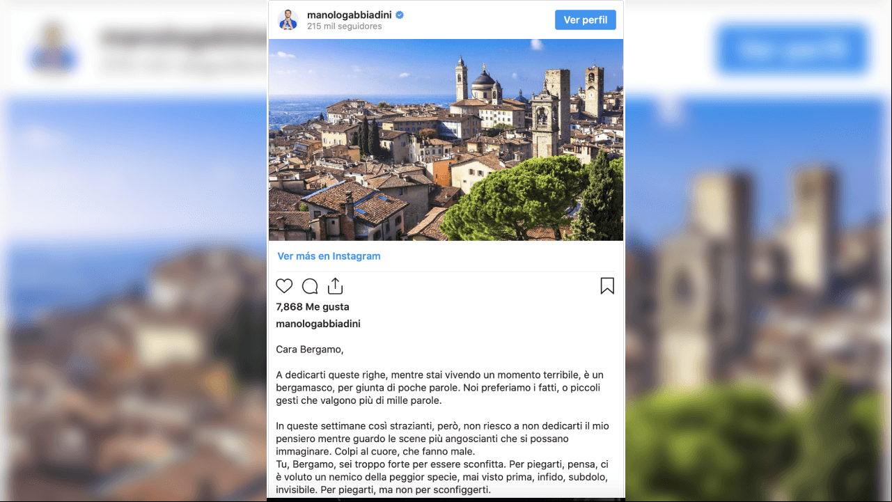 "Me siento mejor y he reanudado los entrenamientos. Pienso en Bérgamo, mi ciudad natal, y en mis padres. Esta tragedia me ha golpeado profundamente, como lo hizo con millones de italianos y personas de todo el mundo", reveló el artillero mediante una publicación en Instagram donde se aprecia la ciudad de de Genoa, de donde es originario Gabbiadini.