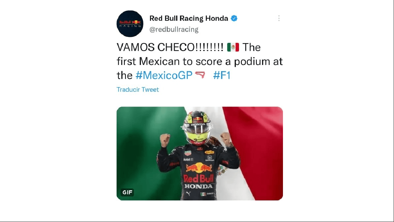 Las redes sociales se inundan de felicitaciones por el tercer lugar obtenido por el piloto mexicano Sergio Pérez, durante el Gran Premio de México de la Formula 1.